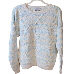 Vintage Hand Knit Pastel Cable Sweater White Blue Yellow Women's M Spring